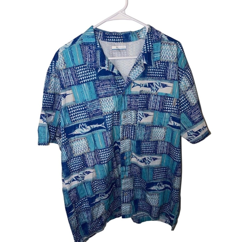 Columbia Sportswear Mens Large Blue Marlin Tribal Print Mesh Back Fishing Shirt